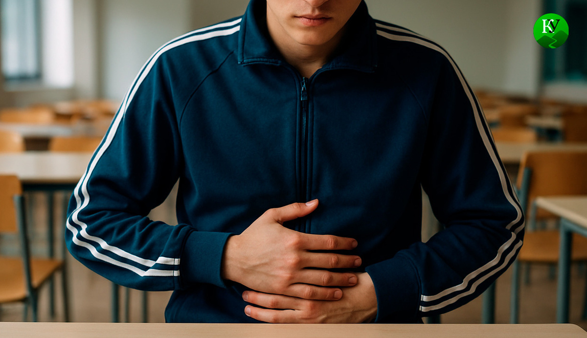 Подросток держится за живот. Иллюстрация создана "Кавказским узлом" с помощью ИИ в программе Photoshop