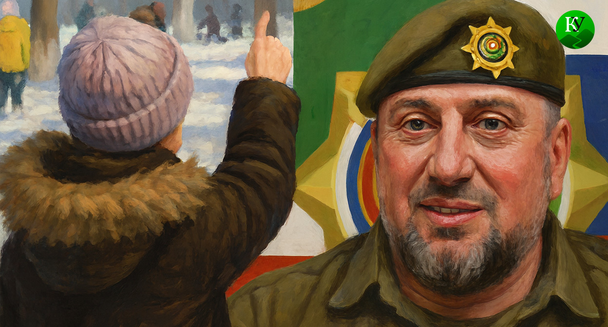 Воспитаница детского сада и Апти Алаудинов. Иллюстрация создана «Кавказским узлом» с помощью ИИ в программе Copilot