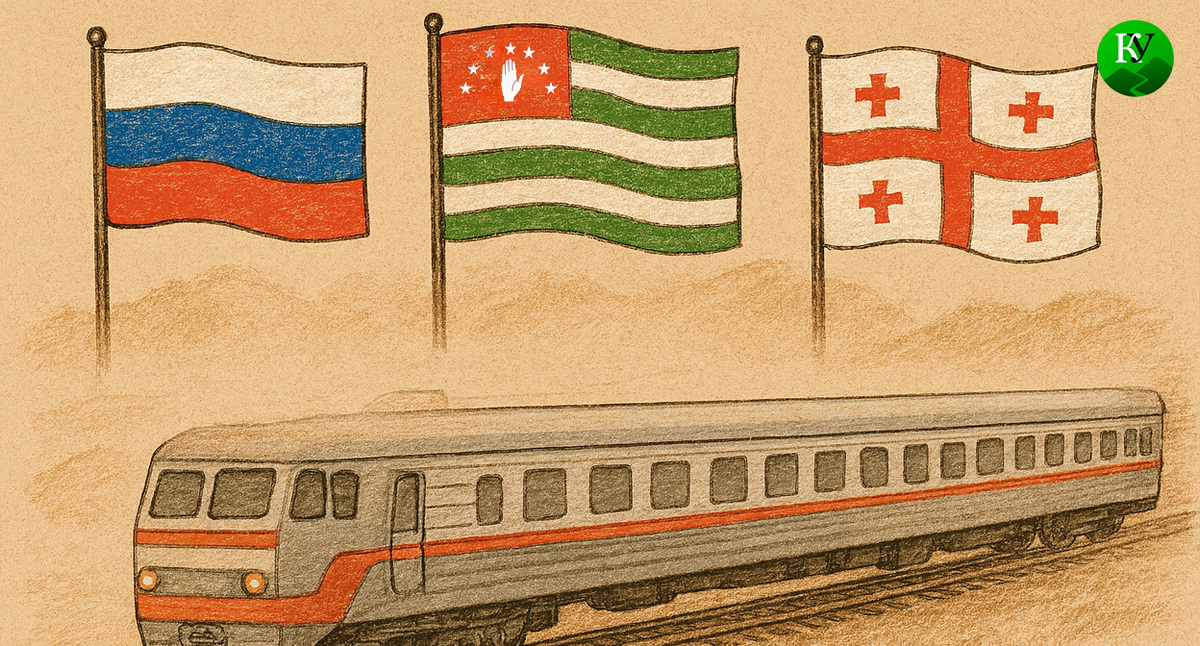 Поезд между Россией и Грузией. Иллюстрация создана «Кавказским узлом» с помощью ИИ в программе Copilot