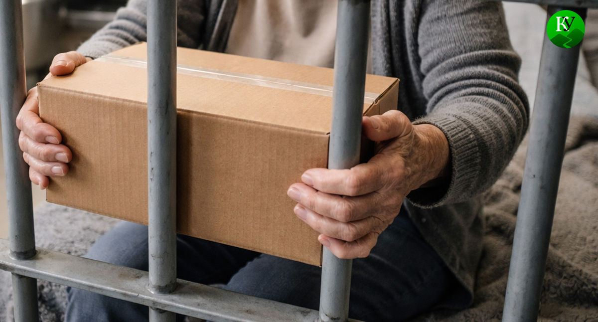 Пенсионерка принимает посылку. Иллюстрация создана «Кавказским узлом» с помощью ИИ в программе Copilot