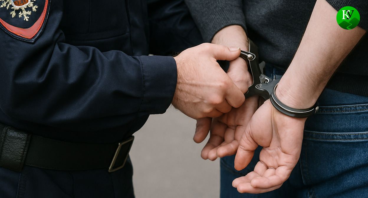 Силовик одевает наручники. Иллюстрация создана «Кавказским узлом» с помощью ИИ в программе Copilot