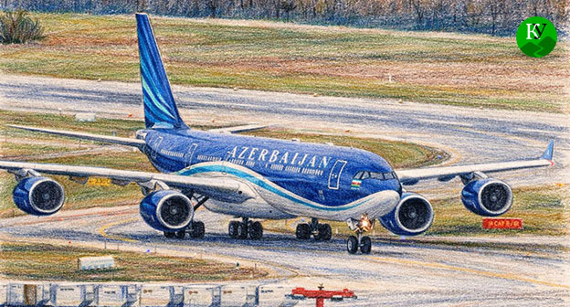 Азербайджанский самолет в аэропорту. Иллюстрация создана "Кавказским узлом" при помощи ИИ в программе Copilot