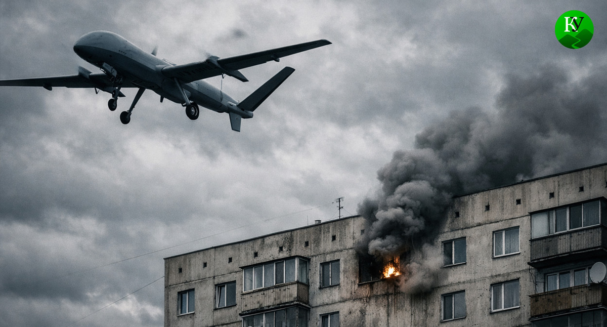 БПЛА и многоэтажка. Иллюстрация создана «Кавказским узлом» с помощью ИИ в программе Copilot