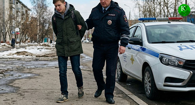 Сотрудник полиции задерживает подростка. Иллюстрация создана "Кавказским узлом" при помощи ИИ в программе Copilot