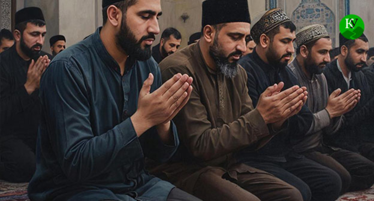 Верующие во время молитвы. Иллюстрация создана "Кавказским узлом" при помощи ИИ в программе Copilot