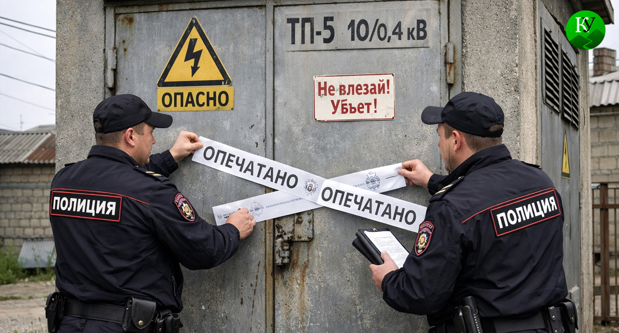 Полицейские опечатывают подстанцию. Иллюстрация создана «Кавказским узлом» с помощью ИИ в программе Copilot