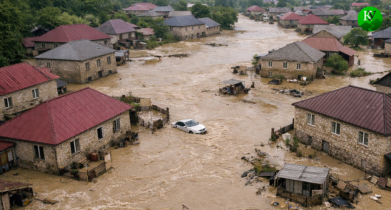 Потоп в селе. Иллюстрация создана «Кавказским узлом» с помощью ИИ в программе Copilot