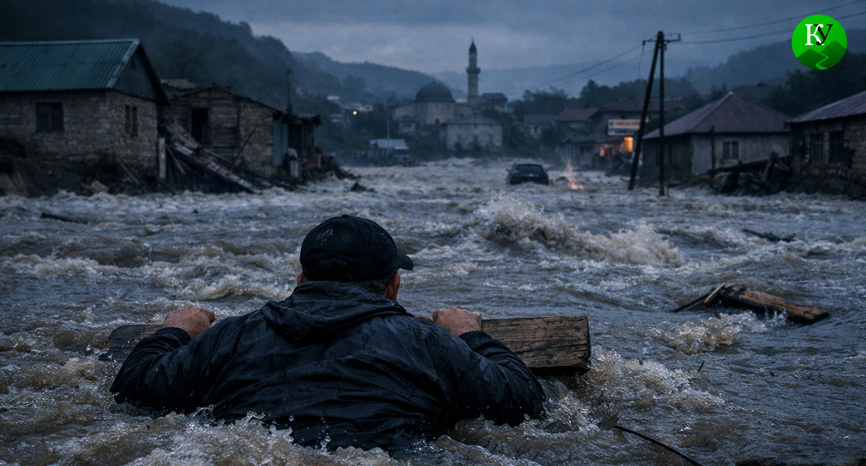 Мужчина во время потопа. Иллюстрация создана «Кавказским узлом» с помощью ИИ в программе Copilot Мужчина во время потопа. Иллюстрация создана «Кавказским узлом» с помощью ИИ в программе Copilot