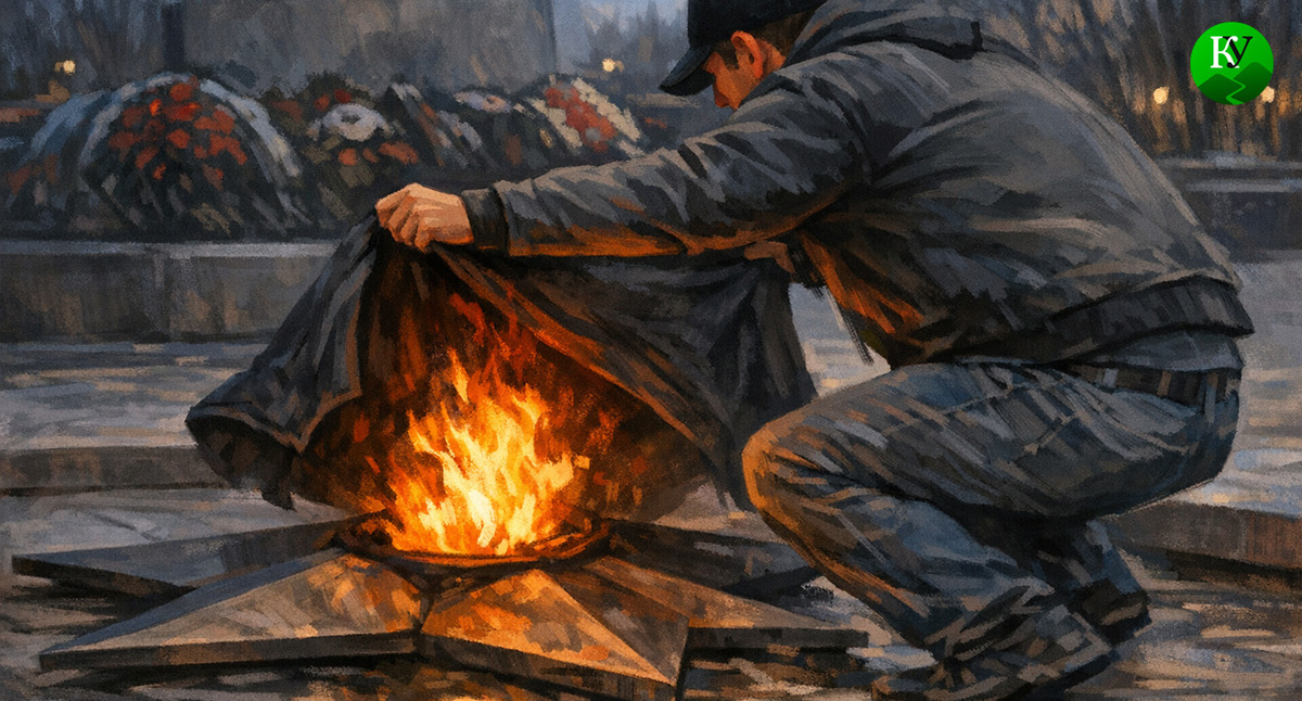 Мужчина тушит вечный огонь. Иллюстрация создана «Кавказским узлом» с помощью ИИ в программе Copilot