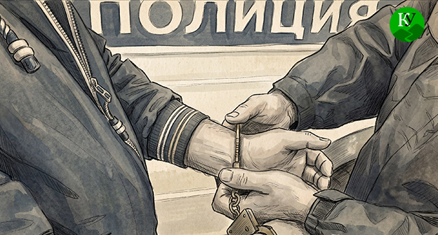 Сотрудник полиции надевает наручники на мужчину. Иллюстрация создана "Кавказским узлом" при помощи ИИ в программе Copilot