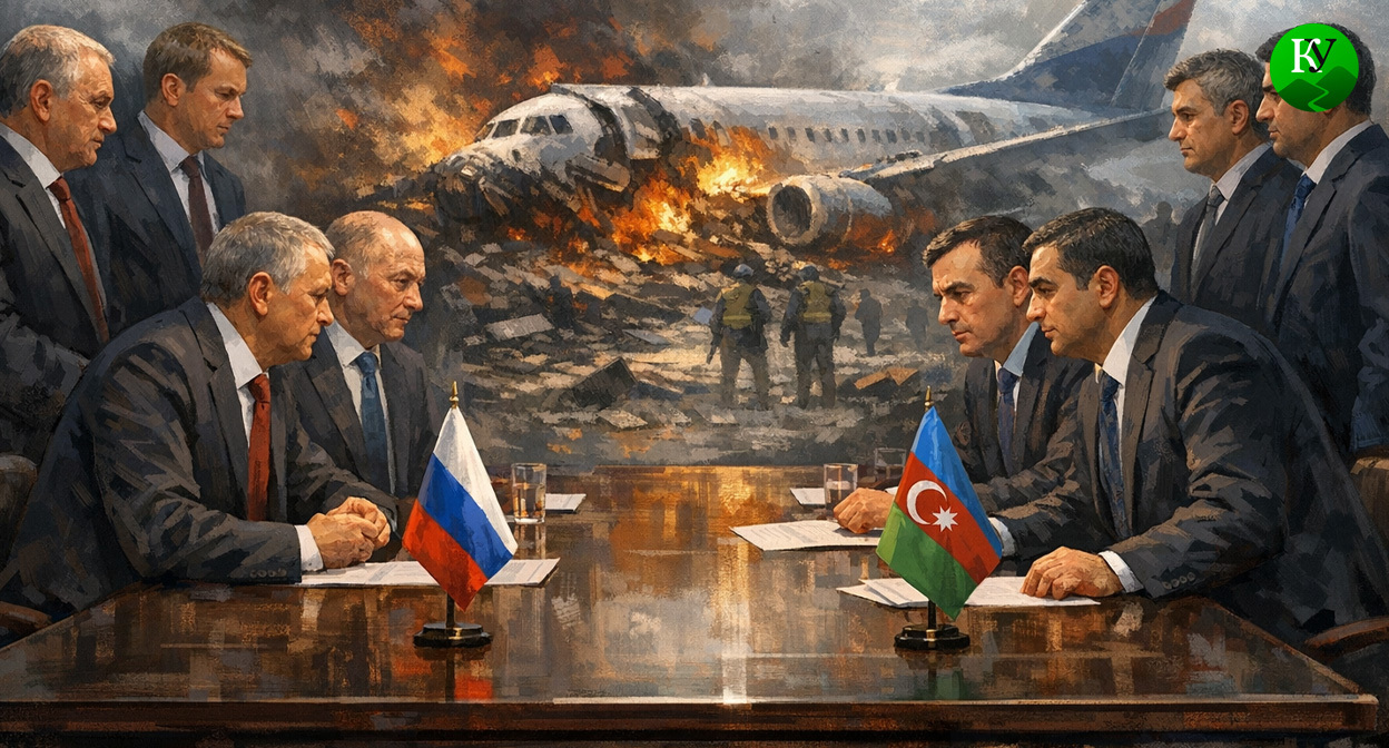 Переговоры об урегулировании последствий катастрофы самолета авиакомпании AZAL. Иллюстрация создана «Кавказским узлом» с помощью ИИ в программе Copilot