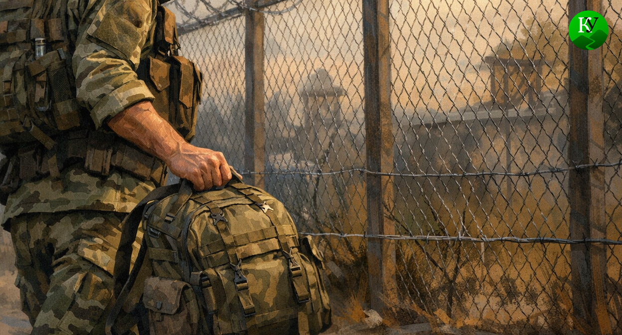 Военный покидает часть. Иллюстрация создана «Кавказским узлом» с помощью ИИ в программе Copilot