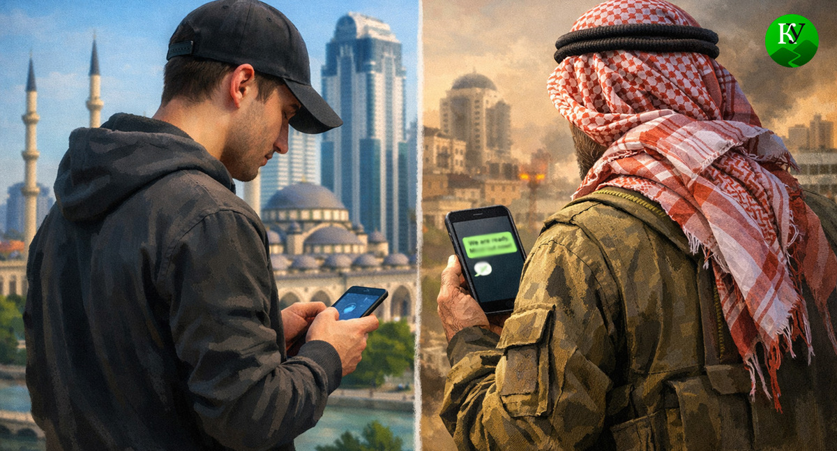 Уроженец Чечни отправляет сообщение. Иллюстрация создана «Кавказским узлом» с помощью ИИ в программе Copilot