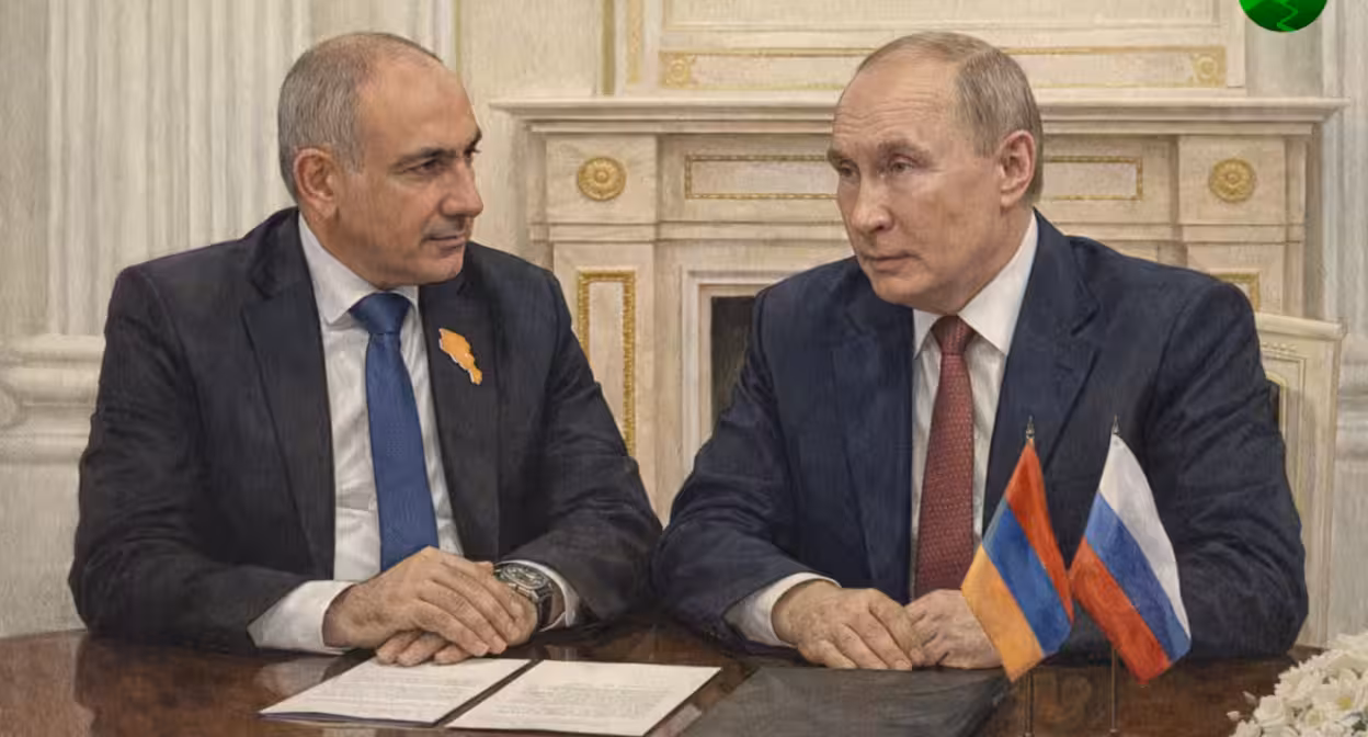 Никол Пашинян и Владимир Путин. Иллюстрация создана "Кавказским узлом" с помощью ИИ в программе Copilot