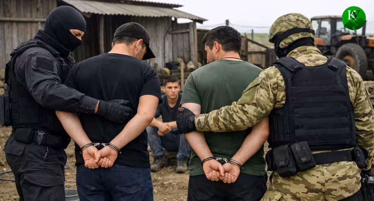 Задержание подозреваемых в использовании рабского труда. Иллюстрация создана «Кавказским узлом» с помощью ИИ в программе Copilot