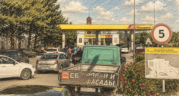 Очередь на заправку в Ростове-на-Дону. Иллюстрация создана "Кавказским узлом" при помощи ИИ в программе Copilot