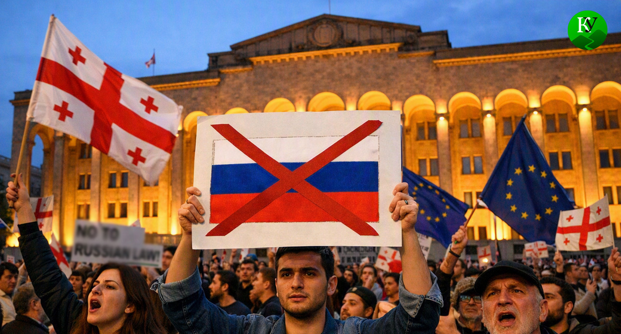 Протестующие в Тбилиси. Иллюстрация создана «Кавказским узлом» с помощью ИИ в программе Copilot