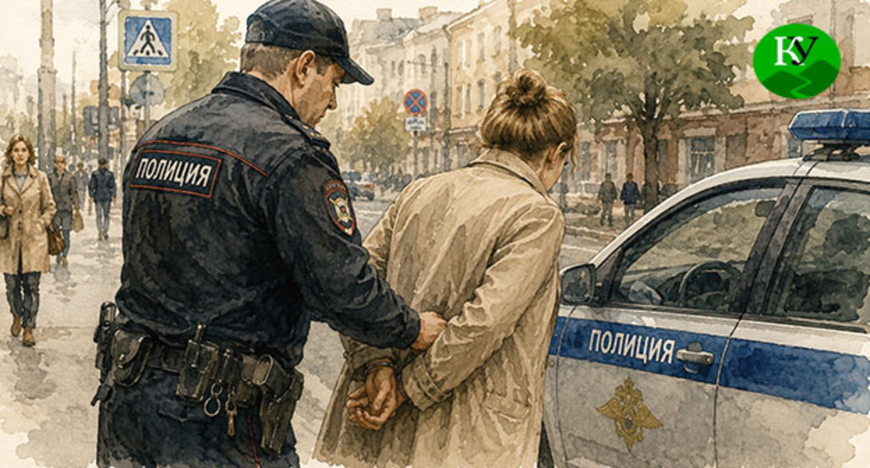 Сотрудник полиции задерживает женщину. Иллюстрация создана "Кавказским узлом" при помощи ИИ в программе Copilot