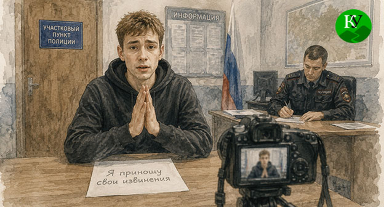 Молодой человек приносит извинения на камеру в отделе полиции. Иллюстрация создана "Кавказским узлом" при помощи ИИ в программе Copilot