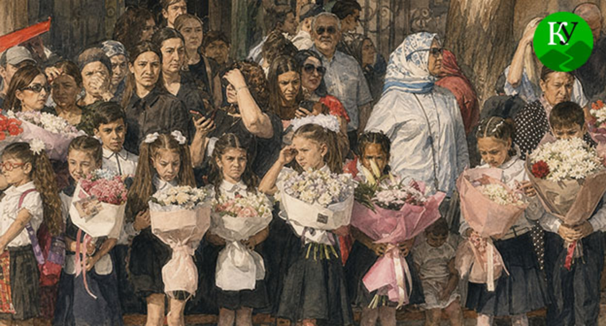 Школьная линейка в Дагестане. Иллюстрация создана "Кавказским узлом" при помощи ИИ в программе Copilot