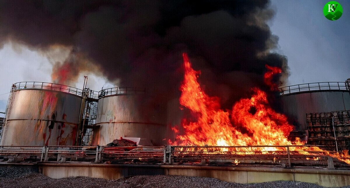 Пожар на нефтебазе. Иллюстрация создана "Кавказским узлом" с помощью ИИ в программе Photoshop Пожар на нефтебазе. Иллюстрация создана "Кавказским узлом" с помощью ИИ в программе Photoshop