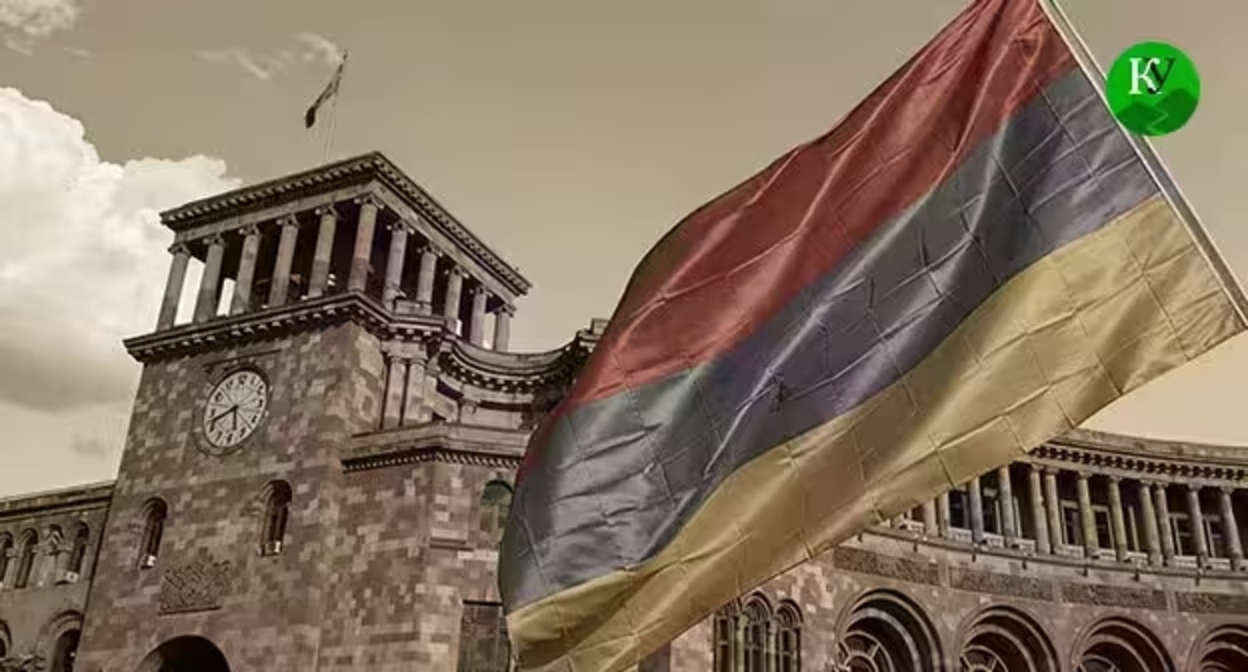 Здание парламента Армении и национальный флаг. Иллюстрация создана "Кавказским узлом" при помощи ИИ в программе Copilot