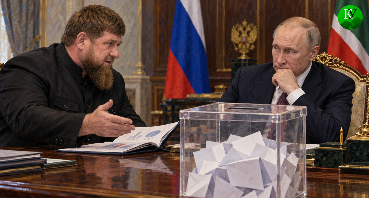 Кадыров и Путин. Иллюстрация создана «Кавказским узлом» с помощью ИИ в программе Copilot Кадыров и Путин. Иллюстрация создана «Кавказским узлом» с помощью ИИ в программе Copilot