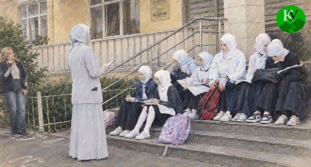 Ученицы в хиджабах сидят на крыльце школы. Иллюстрация создана "Кавказским узлом" при помощи ИИ в программе Copilot Ученицы в хиджабах сидят на крыльце школы. Иллюстрация создана "Кавказским узлом" при помощи ИИ в программе Copilot