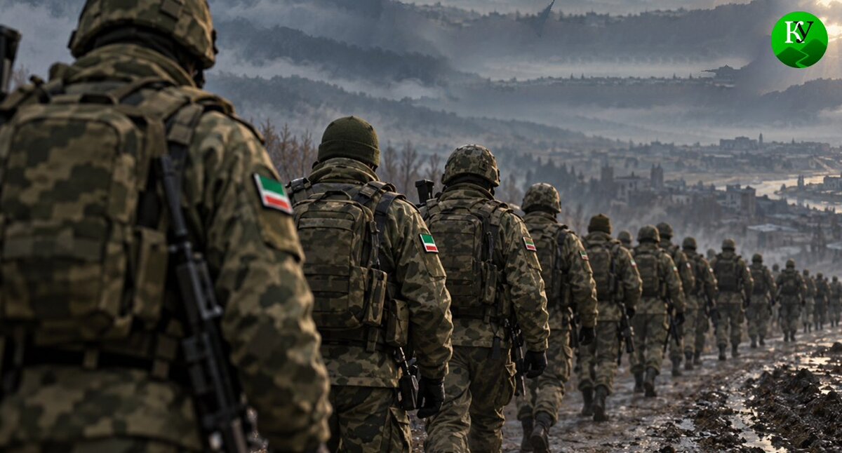Военные из Чечни. Иллюстрация создана «Кавказским узлом» с помощью ИИ в программе Copilot