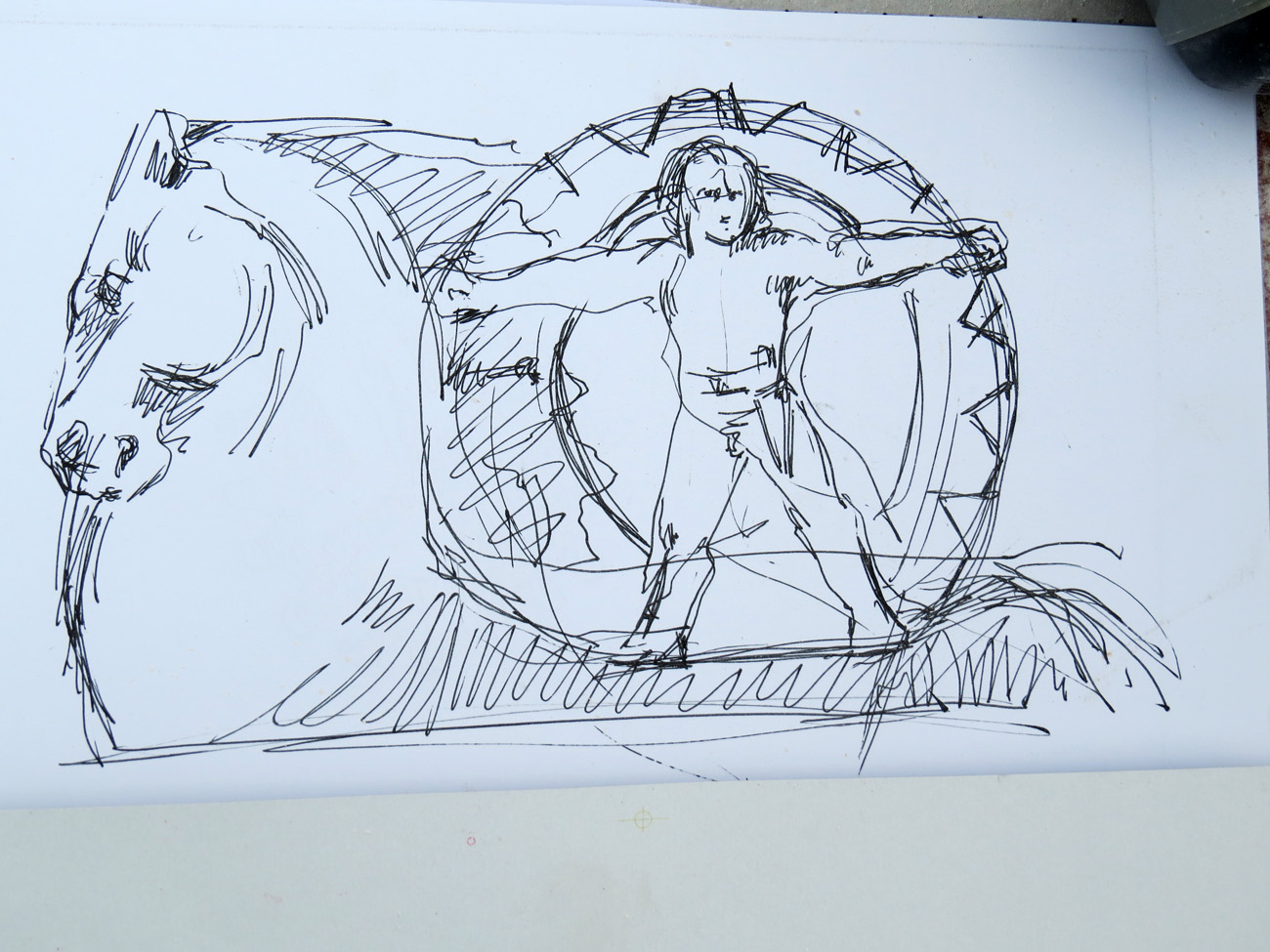 конь &ndash; это война, на коне ребёнок, который олицетворяет невинность, он держит за гриву, потому что это перемирие. Как только он отпустит коня, начнётся война. Это, то  состояние, в